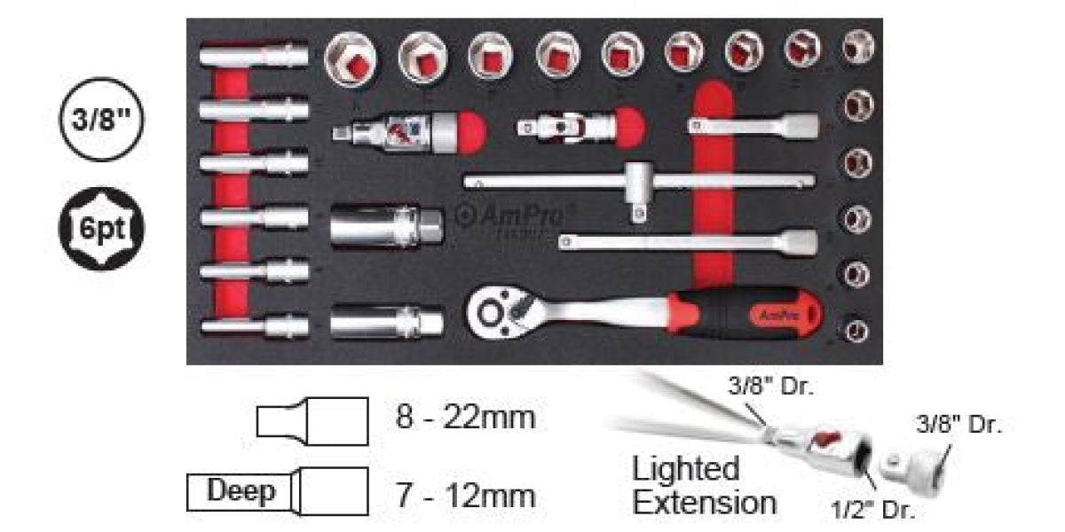 28Pc 3/8 Dr. Socket Set Ft AMPRO T45327 tools at Modern Auto Parts!