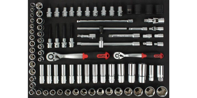 87Pc 3/8 & 1/2 Dr. Socket Set Ft AMPRO T45525 tools at Modern Auto Parts!