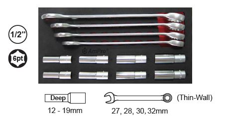 12Pc 1/2 Drive Deep Socket & Combination Wrench Set (Foam Tray) AMPRO T40198