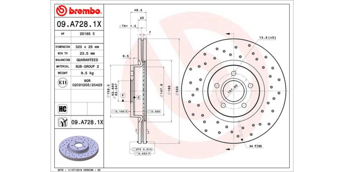 Brake Disc Front (1-In-Box) Drilled Ford Focus 2.5 Volvo C70 S40 V50 (Brembo - 09A7281X)