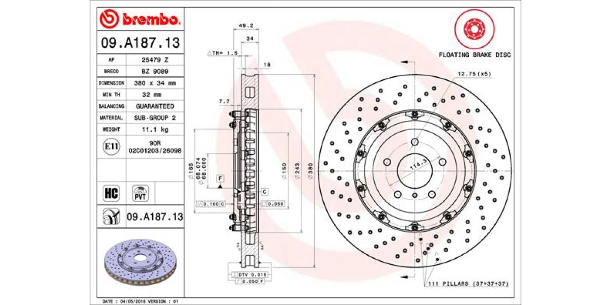 Brake Disc Front (1-In-Box) Nissan Gt-R R35 Two-Piece Floating (Brembo - 09A18713)