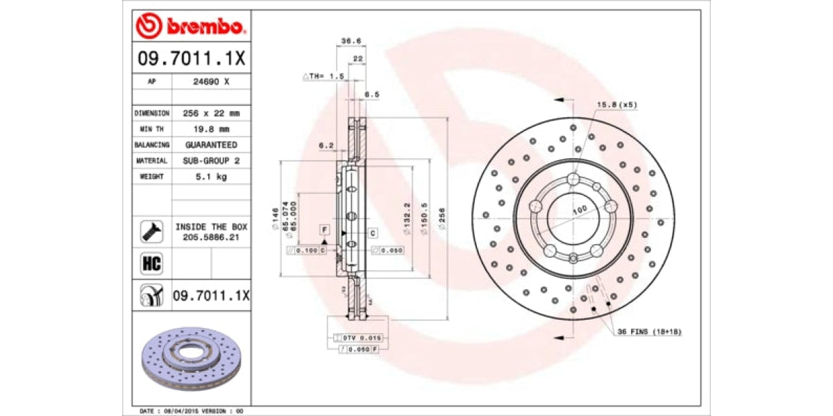 Brake Disc Front (2-In-Box) Drilled - Audi A2 A1 (Brembo 0970111X)