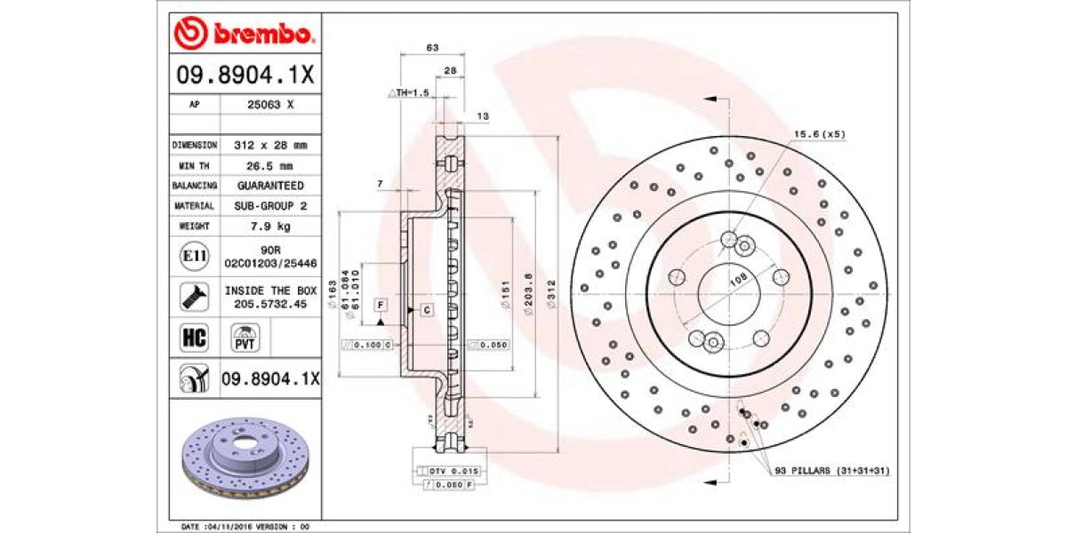 Brake Disc Front (2-In-Box) Drilled - Renault Clio Megane (Brembo 0989041X)