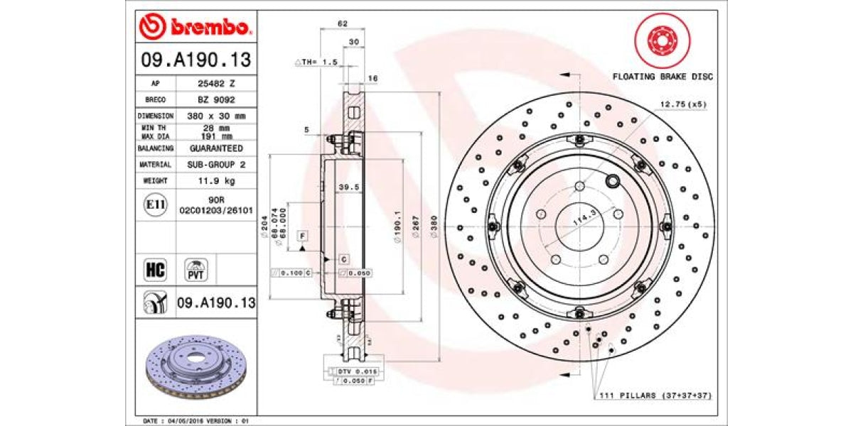 Brake Disc Rear (1-In-Box) Nissan Gt-R R35 Two-Piece Floating (Brembo - 09A19013)