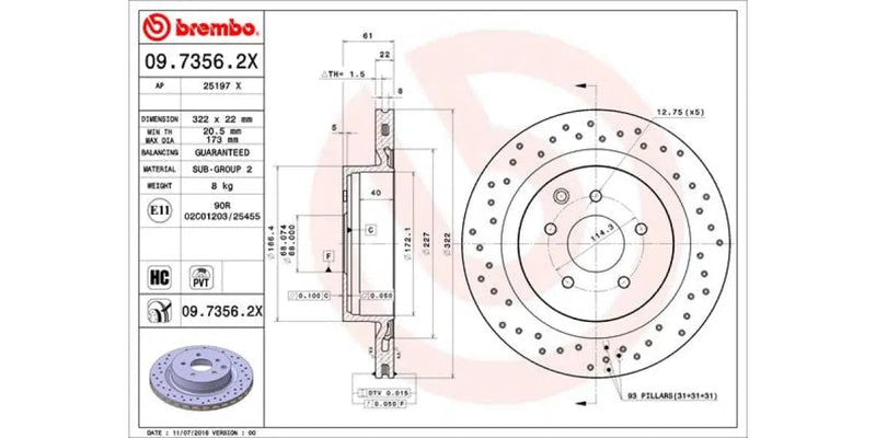 Brake Disc Rear (2-In-Box) Drilled - Nissan 350 Z Roadster (Brembo 0973562X)
