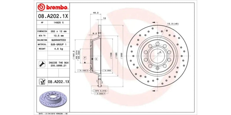 Brake Disc Rear (2-In-Box) Drilled - Vw Golf Passat Cc Audi A3 5&6/audi 8P/q3 (Brembo 08A2021X)